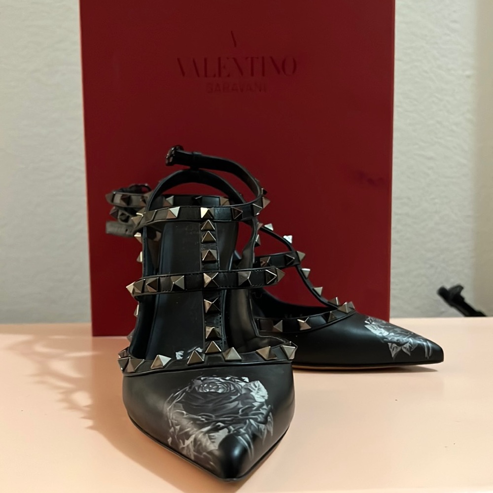 Valentino ankle strap black with gray roses heels. With box and dust bag